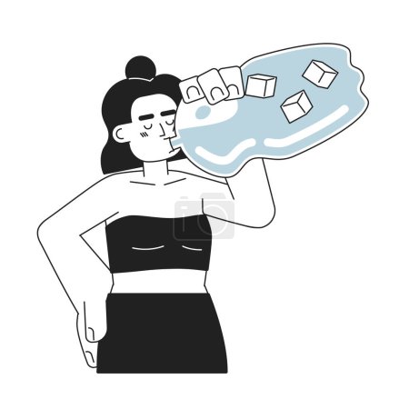 Ilustración de Mujer bebiendo agua embotellada fría monocromática carácter vector plano. Latina hidratante en verano. Editable persona de línea delgada de medio cuerpo en blanco. Simple imagen spot de dibujos animados bw para el diseño gráfico web - Imagen libre de derechos