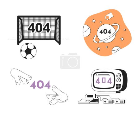 Illustration for Activity and hobbies black white error 404 flash messages pack. Empty state ui design. Page not found popup cartoon images. Vector flat illustrations concept on white background - Royalty Free Image
