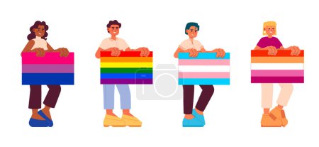Illustration for Happy people holds lgbt pride flags flat concept vector spot illustrations pack. Equal rights for lovers 2D cartoon characters on white for web UI design. Diversity isolated editable hero images set - Royalty Free Image