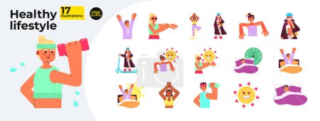 Illustration for Healthy lifestyle flat concept vector spot illustrations bundle. Daily sport routine 2D cartoon characters on white for web UI design. Active lifestyle isolated editable creative hero image collection - Royalty Free Image