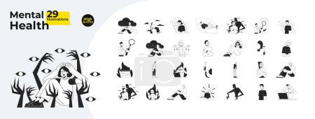 Ilustración de Salud mental y psicología concepto bw vector spot illustrations bundle. Personas con enfermedad mental 2D dibujos animados de línea plana personajes monocromáticos para el diseño de interfaz de usuario web. Colección de imágenes de héroe editable - Imagen libre de derechos
