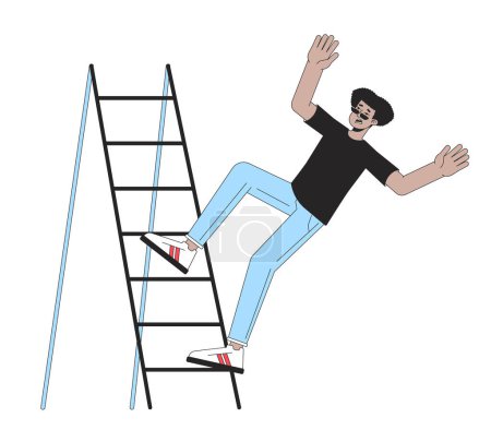 Ilustración de Hombre joven cae de escalera escalera plana línea color vector carácter. Esquema editable cuerpo completo afroamericano perplejo chico en blanco. Ilustración simple de dibujos animados para el diseño gráfico web - Imagen libre de derechos