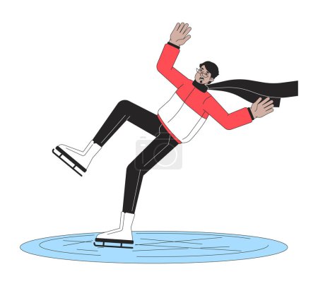 Illustration for Perplexed man in scarf on ice rink flat line color vector character. Editable outline full body man skates and falls on white. Simple cartoon spot illustration for web graphic design - Royalty Free Image