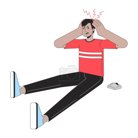 Illustration for Man sitting on floor flat line color vector character. Editable outline full body boy with head injury from rock on white. Simple cartoon spot illustration for web graphic design - Royalty Free Image