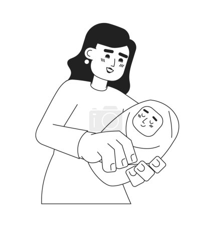 Illustration for European mom holding baby monochromatic flat vector characters. Motherhood. New parent with wrapped infant. Editable thin line people on white. Simple bw cartoon spot image for web graphic design - Royalty Free Image
