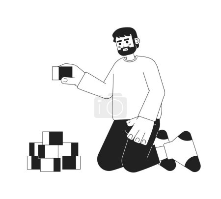 Illustration for Happy bearded father playing with constructor cubes monochromatic flat vector character. Dad stacking blocks. Editable thin line person on white. Simple bw cartoon spot image for web graphic design - Royalty Free Image