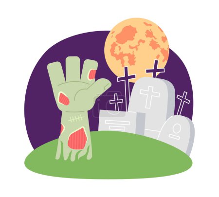 Ilustración de Cementerio Zombie en Halloween noche concepto plano vector spot ilustración. Luna cielo nocturno en espeluznante cementerio 2D escena de dibujos animados en blanco para el diseño de interfaz de usuario web. Imagen de héroe creativo editable aislado - Imagen libre de derechos