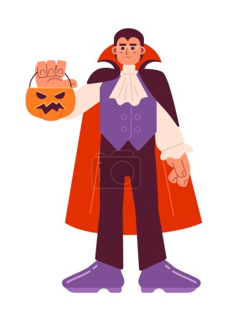 Illustration for Male vampire with candy bucket flat concept vector spot illustration. Halloween party adult 2D cartoon character on white for web UI design. Asking for candies isolated editable creative hero image - Royalty Free Image