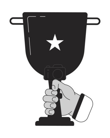 Illustration for Holding trophy cup bw concept vector spot illustration. Trophy 1st place 2D cartoon flat line monochromatic hand for web UI design. Win prize. Celebration winner editable isolated outline hero image - Royalty Free Image