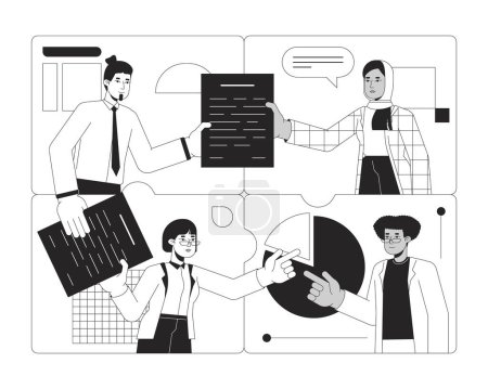 Illustration for Collaboration colleagues bw concept vector spot illustration. Teamwork diversity 2D cartoon flat line monochromatic characters for web UI design. Employees synergy editable isolated outline hero image - Royalty Free Image