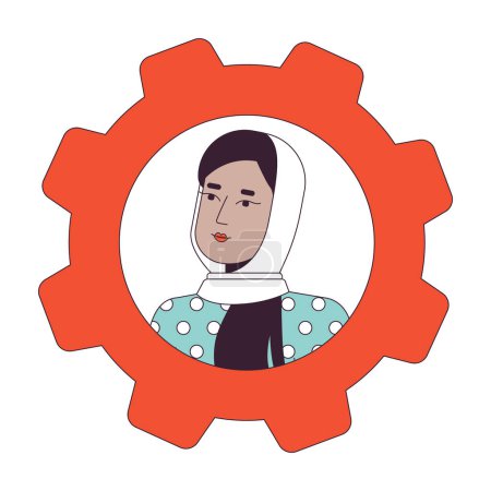 Téléchargez les illustrations : Ouvrière de bureau en hijab couleur plate icône avatar dessin animé. Illustration linéaire de portrait d'utilisateur 2D modifiable. Clipart de profil vectoriel isolé. Engrenage d'engrenage usserpic, tête et épaules de personne - en licence libre de droit
