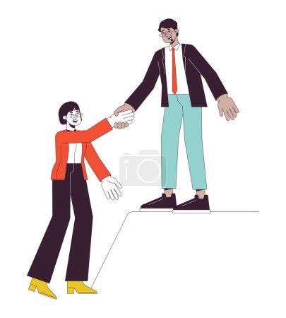 Illustration for Office worker holding hand out colleague flat line color vector characters. Editable outline full body people on white. Helping up business simple cartoon spot illustration for web graphic design - Royalty Free Image