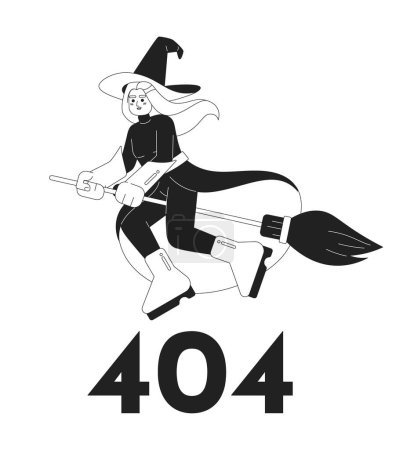 Illustration for Witch on broomstick black white error 404 flash message. Mystery character. Empty state ui design. Page not found popup cartoon image. Vector flat illustration concept on white background - Royalty Free Image