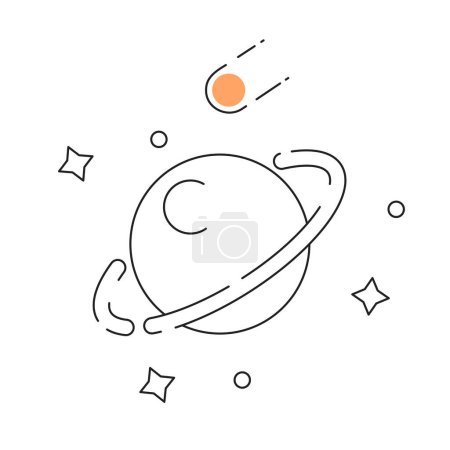 Ilustración de Círculo alrededor del planeta objeto vector plano monocromo. Estrellas brillantes y asteroides cayendo. Editable icono de línea delgada en blanco y negro. Ilustración simple del punto del clip de la historieta para el diseño gráfico web - Imagen libre de derechos