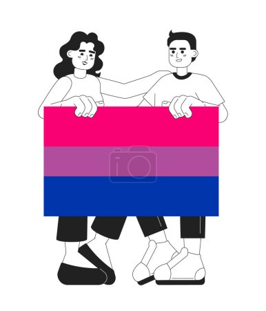 Téléchargez les illustrations : Personnes avec des caractères vectoriels plats monochromatiques drapeau bisexuel. Communauté LGBT. Ligne mince modifiable personnes de corps entier partagent le soutien sur le blanc. Illustration simple de spot de dessin animé pour la conception graphique web - en licence libre de droit