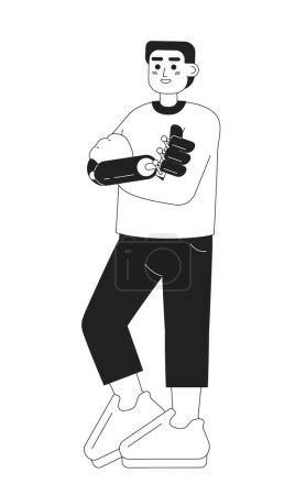 Illustration for Happy young man crossed arms and bionic hand monochromatic flat vector character. Editable thin line full body person with disability on white. Simple bw cartoon spot image for web graphic design - Royalty Free Image
