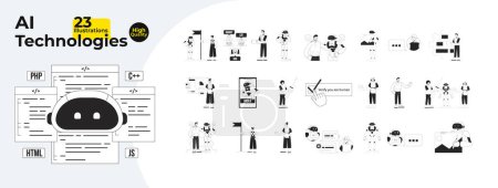 Ilustración de Tecnologías de IA bw concepto vector spot illustrations bundle. Automatización. Personajes monocromáticos de línea plana de dibujos animados 2D para diseño de interfaz de usuario web. Colección de imágenes de héroe editable - Imagen libre de derechos