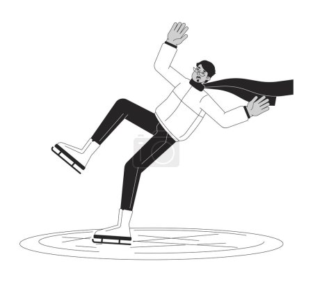 Illustration for Perplexed man in scarf on ice rink flat line black white vector character. Editable outline full body man skates and falls on white. Simple cartoon isolated spot illustration for web graphic design - Royalty Free Image