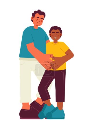 Illustration for Latino father hugging african american son semi flat color vector characters. Positive parent with child. Editable full body people on white. Simple cartoon spot illustration for web graphic design - Royalty Free Image