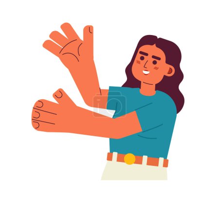 Téléchargez les illustrations : Femme latina excitée présentant avec les mains palme jusqu'à caractère vecteur de couleur semi plat. Une fille aux bras levés. Personne modifiable demi-corps sur blanc. Illustration simple de spot de dessin animé pour la conception graphique web - en licence libre de droit