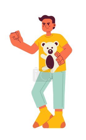 Illustration for Angry preteen boy with stuffed bear threatening semi flat color vector character. Boy stealing toy. Editable full body person on white. Simple cartoon spot illustration for web graphic design - Royalty Free Image