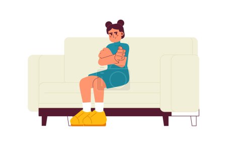 Illustration for Displeased young girl with folded hands semi flat color vector character. Moody teenager sitting on couch. Editable full body person on white. Simple cartoon spot illustration for web graphic design - Royalty Free Image