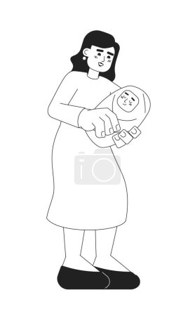 Illustration for Caucasian mother with newborn baby monochromatic flat vector characters. Motherhood. Happy mom cuddling infant. Editable thin line people on white. Simple bw cartoon spot image for web graphic design - Royalty Free Image
