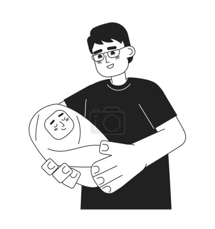 Ilustración de Papá asiático sosteniendo personajes de vectores planos monocromáticos bebé recién nacido. Gafas de vista padre con bebé envuelto. Editable gente de línea delgada en blanco. Simple imagen spot de dibujos animados bw para el diseño gráfico web - Imagen libre de derechos
