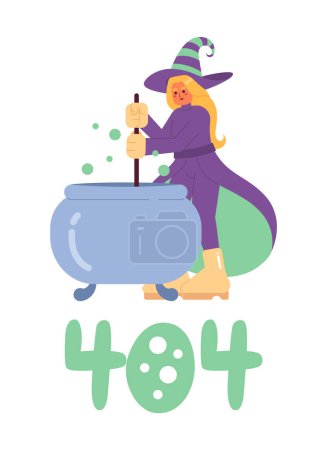 Illustration for Happy halloween witch error 404 flash message. Wicked witch cauldron. Brewing potion. Empty state ui design. Page not found popup cartoon image. Vector flat illustration concept on white background - Royalty Free Image