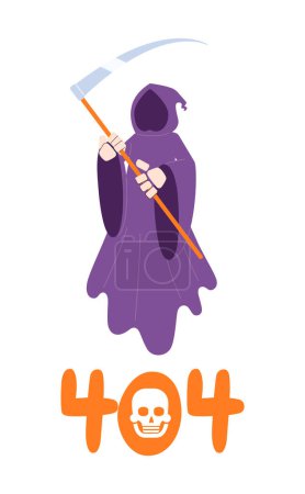 Illustration for Halloween death error 404 flash message. Grim reaper holding scythe. Spirit Helloween. Empty state ui design. Page not found popup cartoon image. Vector flat illustration concept on white background - Royalty Free Image