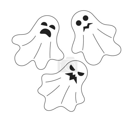 Illustration for Happy halloween ghosts monochrome concept vector spot illustration. Haunted house spirits 2D flat bw cartoon characters for web UI design. Helloween monsters isolated editable hand drawn hero image - Royalty Free Image
