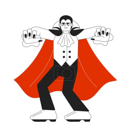 Illustration for Male vampire trick-or-treating monochrome concept vector spot illustration. Halloween party 2D flat bw cartoon character for web UI design. Vampire cosplay isolated editable hand drawn hero image - Royalty Free Image