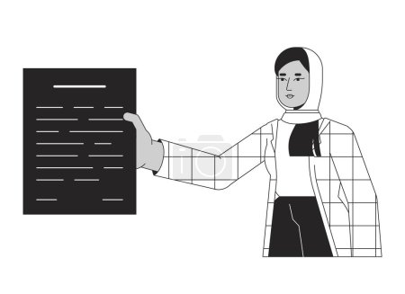 Ilustración de Hijab oficinista da papeleo línea plana negro blanco vector carácter. Esquema editable persona de medio cuerpo. Documento de empleada simple ilustración puntual aislada de dibujos animados para diseño gráfico web - Imagen libre de derechos