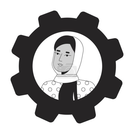 Illustration for Female office worker in hijab black white cartoon avatar icon. Editable 2D character user portrait, linear flat illustration. Vector face profile cog gear. Outline person head and shoulders - Royalty Free Image