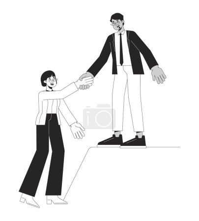 Illustration for Office worker holds hand out colleague flat line black white vector characters. Editable outline full body people. Helping up business simple cartoon isolated spot illustration for web graphic design - Royalty Free Image