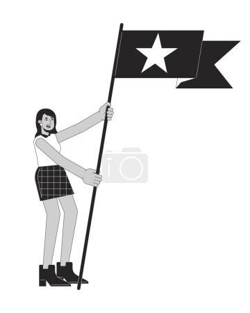 Illustration for Excited fangirl cheering with flag flat line black white vector character. Editable outline full body person. Happy streetwear fan girl simple cartoon isolated spot illustration for web graphic design - Royalty Free Image