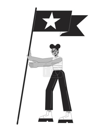 Téléchargez les illustrations : Fille streetwear afro-américaine avec drapeau ligne plate noir blanc personnage vecteur. Plan modifiable personne de corps entier. Illustration simple de point isolé de dessin animé Fangirling pour la conception graphique Web - en licence libre de droit