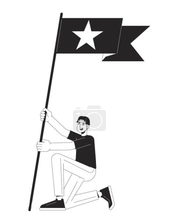 Ilustración de Asiático fan boy holding bandera con estrella plana línea negro blanco vector carácter. Esquema editable persona de cuerpo completo. Fanboy coreano animando simple ilustración spot de dibujos animados aislados para el diseño gráfico web - Imagen libre de derechos