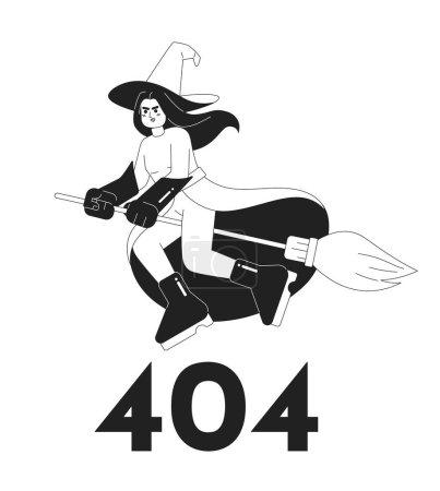 Illustration for Witchcraft black white error 404 flash message. Evil witch flying on broomstick. Empty state ui design. Page not found popup cartoon image. Vector flat illustration concept on white background - Royalty Free Image