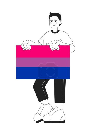 Téléchargez les illustrations : Handsome man holds bisexual pride flag monochromatic flat vector character. Editable thin line full body young lgbt person on white. Simple bw cartoon spot image for web graphic design - en licence libre de droit