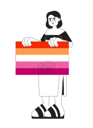 Téléchargez les illustrations : African american woman holds lesbian flag monochromatic flat vector character. Editable thin line full body woman shows tolerance to lgbt on white. Simple bw cartoon spot image for web graphic design - en licence libre de droit
