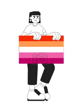 Ilustración de Happy brunette woman holds lesbian pride flag monochromatic flat vector character. LGBT community. Editable thin line full body lesbian on white. Simple bw cartoon spot image for web graphic design - Imagen libre de derechos