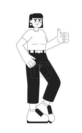 Illustration for Attractive dark haired woman showx thumb up monochromatic flat vector character. Editable thin line full body lady in trendy outfit on white. Simple bw cartoon spot image for web graphic design - Royalty Free Image