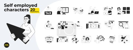 Illustration for Freelancers with laptops monochrome concept vector spot illustrations bundle. Self employed 2D flat bw cartoon characters for web UI design. Isolated editable hand drawn hero image collection - Royalty Free Image