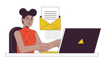 Illustration for Young woman responding to email flat line concept vector spot illustration. Remote work. Busy girl 2D cartoon outline character on white for web UI design. Editable isolated color hero image - Royalty Free Image