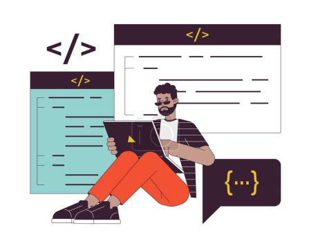 Illustration for Programmer sitting with laptop flat line concept vector spot illustration. Freelancer 2D cartoon outline character on white for web UI design. Editable isolated color hero image - Royalty Free Image