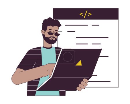 Illustration for Happy man with laptop flat line concept vector spot illustration. Programmer coding 2D cartoon outline character on white for web UI design. Freelance editable isolated color hero image - Royalty Free Image