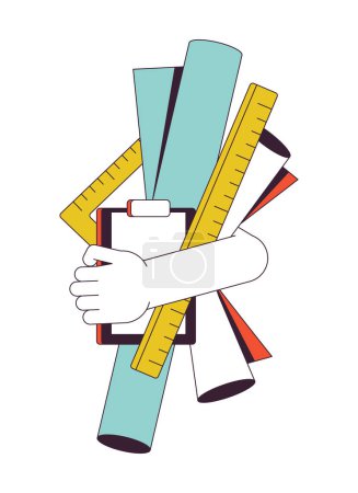 Illustration for Hand holds equipment flat line color isolated vector object. Paper, scrolls, rulers and tablet. Editable clip art image on white background. Simple outline cartoon spot illustration for web design - Royalty Free Image
