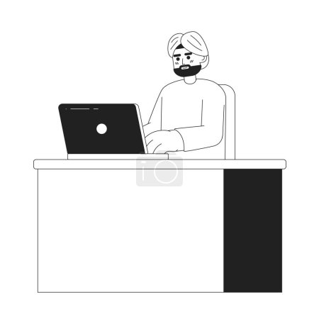 Illustration for Indian man in turban typing on laptop 2D vector monochrome isolated spot illustration. Busy man at office flat hand drawn character on white background. Office work editable outline cartoon scene - Royalty Free Image