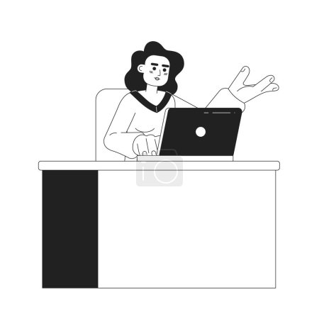 Ilustración de Ocupada mujer hispana que trabaja en portátil 2D vector monocromo aislado punto ilustración. Atractivo personaje plano de oficina dibujado a mano sobre fondo blanco. Esquema editable duro escena de dibujos animados - Imagen libre de derechos